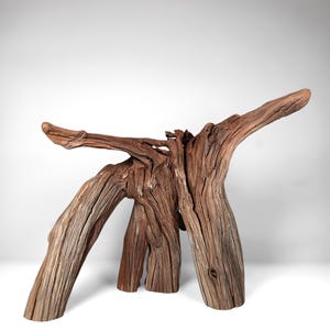 May include: A unique, handcrafted wooden sculpture with a natural, organic form. The sculpture features multiple branches and trunks, creating a three-dimensional design. The wood has a rich, brown color with visible grain and texture, adding to its rustic appeal.