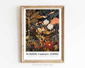 Lámina artística inspirada en Henri Rousseau, arte mural botánico de la selva exótica