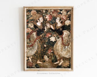 Bali Kamasan Wall Art - Balinese Dancers Print - Vintage Lotus Fresco - Antique Asian Decor