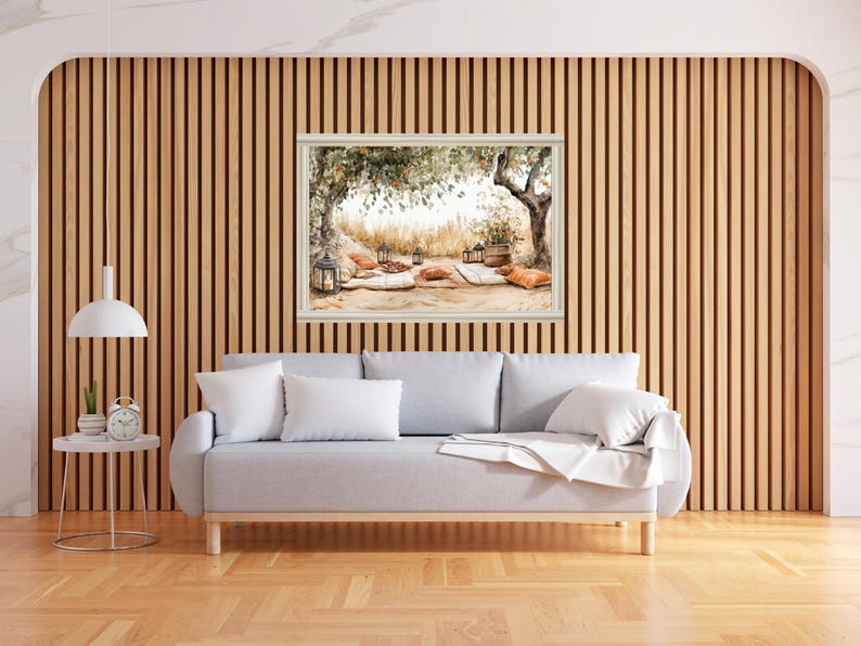 Boho Picnic Scene Photo Art Print Cozy Outdoor Decor With Lanterns