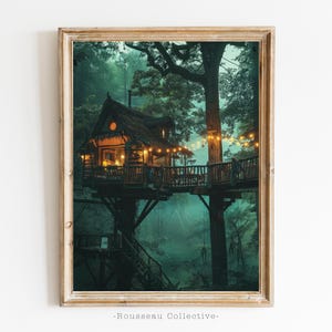 Casa del árbol mágica en un bosque encantado / Escondite de ensueño inspirado en Peter Pan / Impresión fotográfica con luces de hadas místicas / Decoración de pared caprichosa
