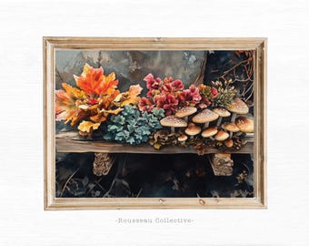Autumn Still Life Watercolor Print: Leaves, Succulents, Mushrooms