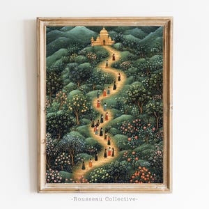 Indische Miniatur Kunstdruck | Serene Forest Tempelszene | Rajasthani Mughal Malerei | Hinduistische spirituelle Wanddekoration | Natur & Wildtiere Kunst