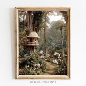 impression photo art vintage cabane dans les arbres de l'Inde coloniale, art de la carte postale du Raj britannique, éléphants de la jungle antiques, décoration orientaliste, nostalgie de la jungle