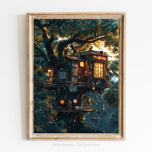 Cabane magique lunatique dans les arbres, aventures pour enfants, impression d'art affiche du livre de la jungle, décoration tropicale, style livre pour enfants, forêt de saules