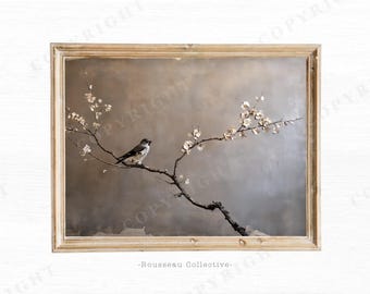 Bird on Blossom Branch Art Print | Moody Taupe Japandi | Minimalist Wall Decor