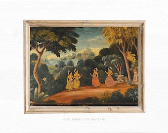 May include: A framed painting depicting a lush green landscape with four women in colorful clothing walking along a path. The background features a distant village and a cloudy sky.