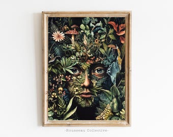 Könnte beinhalten: Ein surrealistisches Porträt eines Gesichts, das mit üppigem Grün, Blumen und Pilzen bedeckt ist. Das Kunstwerk ist in einem hellen Holzrahmen gerahmt und trägt den Text "Rousseau Collective" am unteren Rand.