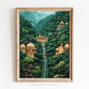 Indische Miniatur Kunstdruck | Serene Forest Tempelszene | Rajasthani Mughal Malerei | Hinduistische spirituelle Wanddekoration | Natur & Wildtiere Kunst