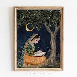 Rajasthani Prinzessin Kunstdruck | Mughal-inspirierte Nachtmalerei | Elegante feminine Wanddekor | Mystisches, indisches Kunstwerk für Zuhause