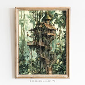 Stampa artistica della casa sull'albero della giungla magica - Decorazione murale tropicale ispirata a Henri Rousseau - Decorazione murale fantasy della giungla del loto bianco Decorazione per la casa verde