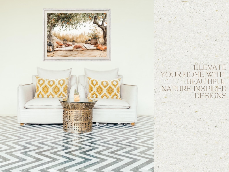 Boho Picnic Scene Photo Art Print Cozy Outdoor Decor With Lanterns