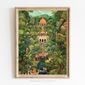 Indische Miniatur Kunstdruck | Serene Forest Tempelszene | Rajasthani Mughal Malerei | Hinduistische spirituelle Wanddekoration | Natur & Wildtiere Kunst