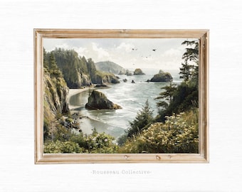 May include: A framed landscape print depicts a coastal scene with a beach, ocean, and rocky cliffs. The artwork features a muted color palette of greens, blues, and browns, with a light wooden frame. The print is signed "-Rousseau Collective-".