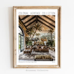 Vintage Kolonialhaus, Dschungel-Wand-Kunst-Druck, Jagdhaus, britischer Kolonialstil, botanisches tropisches Dekor, Architektur, Boho-Dekor