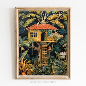 Stampa di Henri Rousseau, Poster di Rousseau, Decorazione tropicale, Stampa d'arte botanica, Poster della casa sull'albero nella giungla, Poster dell'arte della giungla, Arte murale vintage