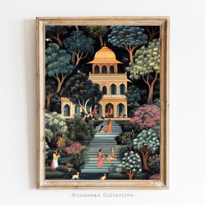 Indische Miniatur Kunstdruck | Serene Forest Tempelszene | Rajasthani Mughal Malerei | Hinduistische spirituelle Wanddekoration | Natur & Wildtiere Kunst