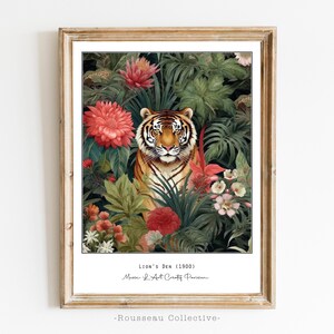 Stampa artistica di tigre nella giungla / Illustrazione di fauna selvatica vibrante / Arte murale boho esotica / Decorazione con animali botanici / Decorazione per la casa audace ispirata alla natura