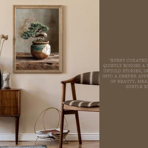 May include: A framed picture of a bonsai tree in a decorative pot. The artwork is displayed above a wooden cabinet with a bust and vases. A chair with a striped cushion and a magazine rack are also visible.