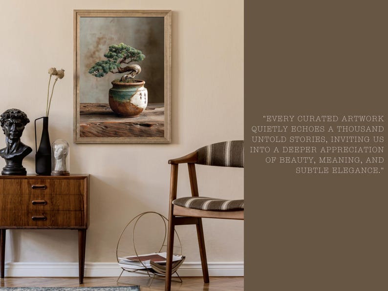 May include: A framed picture of a bonsai tree in a decorative pot. The artwork is displayed above a wooden cabinet with a bust and vases. A chair with a striped cushion and a magazine rack are also visible.