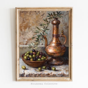 Stampa artistica di ulivo d'epoca, stampa rustica di fattoria, natura morta di fiori, foto di ramo d'ulivo, stampa di ulivo antico, barattolo di olio d'oliva in rame