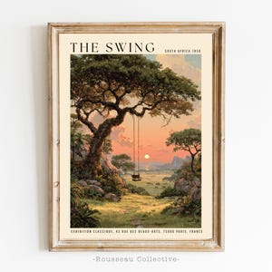 Könnte beinhalten: Gerahmter Kunstdruck mit dem Titel "The Swing", der eine Landschaft mit einem Baum, einer Schaukel und einem Sonnenuntergang zeigt. Der Druck enthält Text, der den Ort als Südafrika, 1858, und Ausstellungsdetails angibt. Das Kunstwerk ist in einem Holzrahmen.