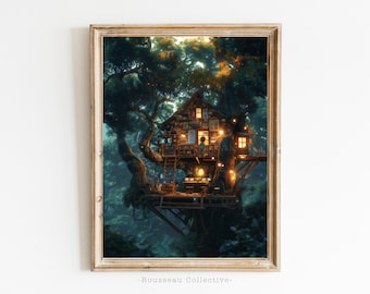 May include: A cozy treehouse nestled in a lush forest, illuminated by warm lights. The treehouse has a wooden exterior and a window with a person looking out. The surrounding trees are dark and mysterious, creating a magical atmosphere.
