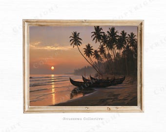 Kerala Beach Sunset Art Print | India Fishing Boats | Tropical Palm Wall Decor