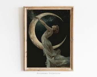 Vintage Moon Goddess Art Print, Dark Academia Celestial Decor