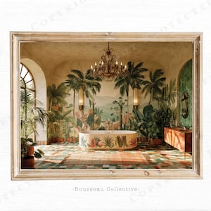May include: A framed wall art print depicting a bathroom interior with a central oval bathtub, a tropical mural featuring palm trees, a crystal chandelier, a wooden vanity, and a multi-colored tiled floor. The text Rousseau Collective is visible.