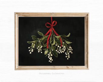 Lámina artística de muérdago navideño: elegante decoración botánica para la pared.