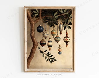 Folk Christmas Ornament Art Print | Vintage Baubles | Holiday Wall Decor
