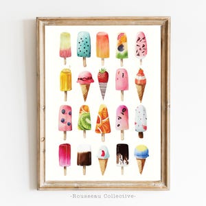 Impresión de helado en acuarela, arte de paleta para habitación infantil, decoración de pared de guardería, póster de postre de verano, ilustración de helado, arte gastronómico