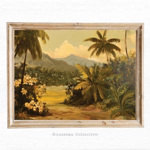 Stampa artistica di paesaggio tropicale vintage / Dipinto di fiume con palme serene / Decorazione murale con natura esotica / Opera d'arte senza tempo per casa e ufficio