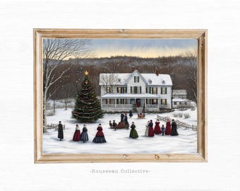 May include: A snowy winter scene with a white farmhouse, a Christmas tree, and people gathered outside. The house has a porch with lights and a star on top of the tree. The people are wearing winter clothing and some are holding gifts. The text "Rousseau Collective" is at the bottom of the image.