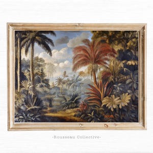 Stampa artistica di paesaggio tropicale vintage / Dipinto di fiume con palme serene / Decorazione murale con natura esotica / Opera d'arte senza tempo per casa e ufficio
