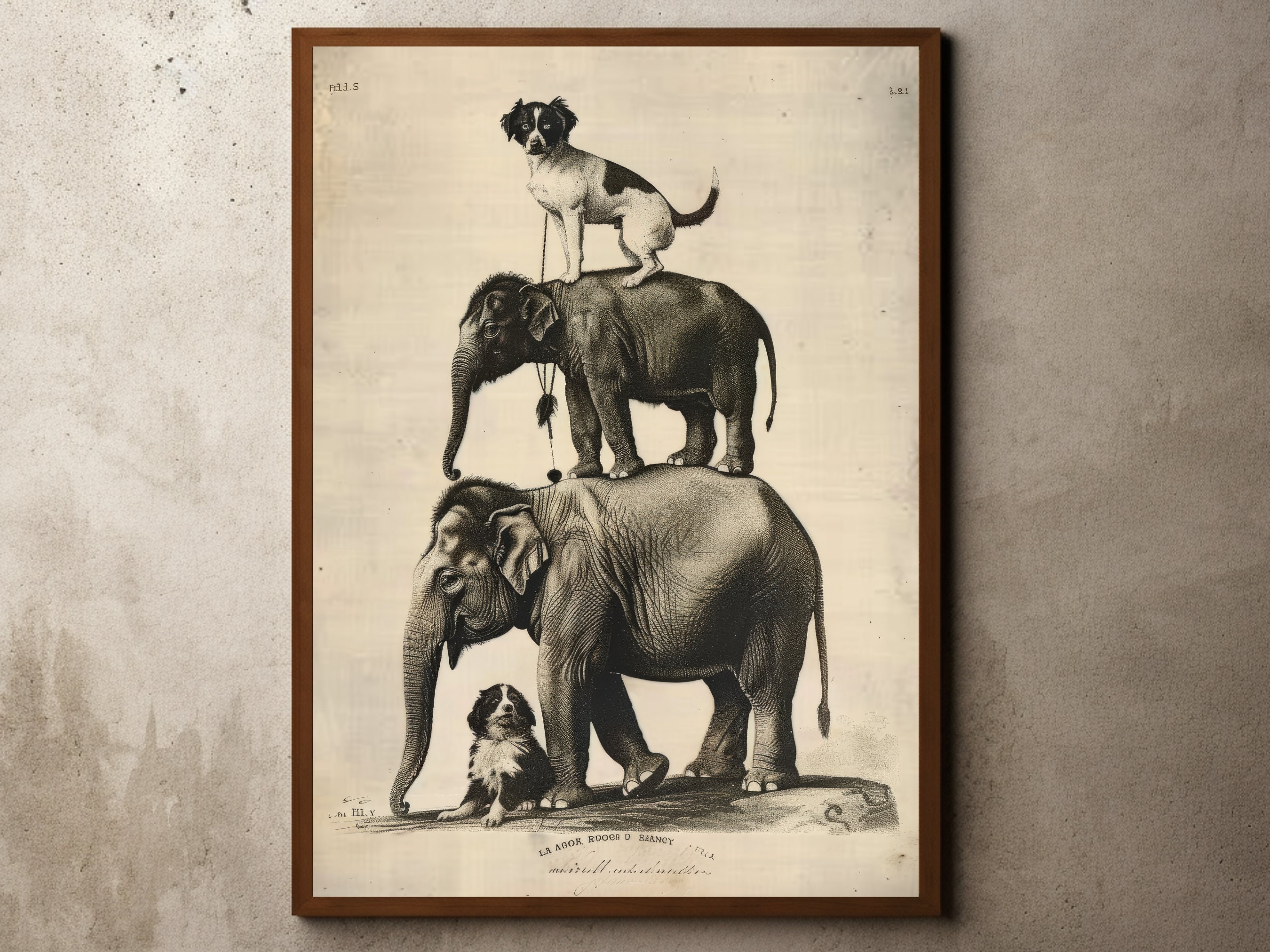 ヴィンテージ風動物イラストアートプリント、象と犬、レトロサーカス 