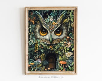 Lámina artística de búho caprichoso / Ilustración botánica de bosque floral