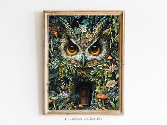 風変わりなフクロウのアートプリント | 花と森の植物画 - Etsy 日本
