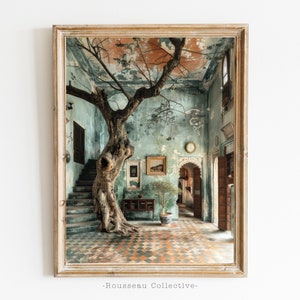 Vintage Kolonialhaus, Dschungel-Wandkunst, kubanisches Erbe, britischer Kolonialstil, botanisches tropisches Dekor, Architekturdruck Boho-Kunstdruck