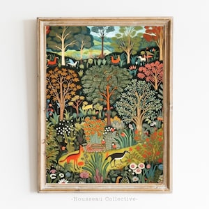 Stampa artistica vintage della giungla – Arte murale ispirata a Henri Rousseau, decorazione tropicale botanica, illustrazione boho della fauna selvatica, estetica massimalista