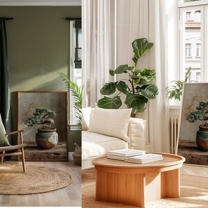 May include: Two framed prints of a bonsai tree in a decorative pot. The prints are displayed in a living room setting with a wooden chair, a round jute rug, and a light-coloured sofa. The room has green walls and curtains.