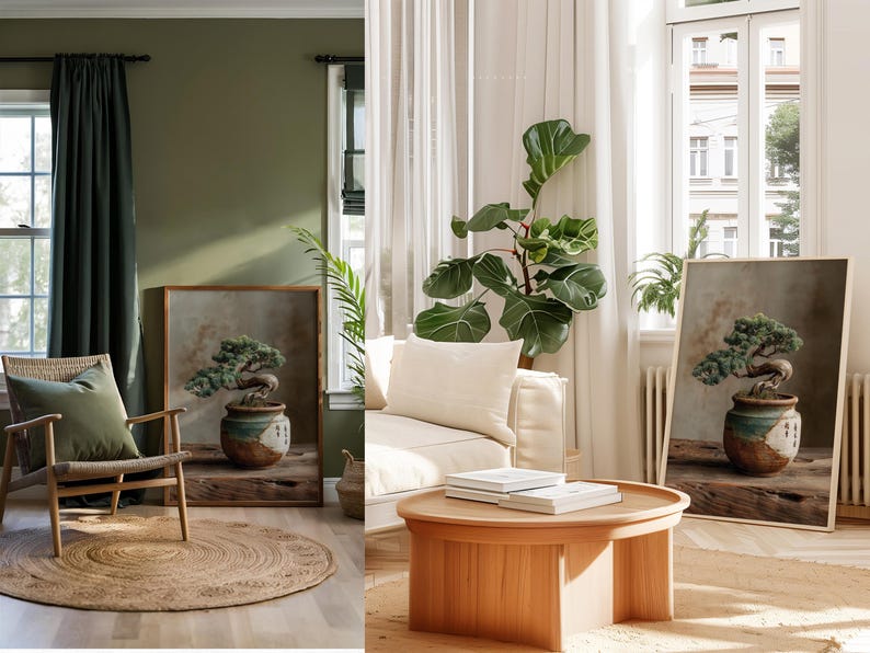 May include: Two framed prints of a bonsai tree in a decorative pot. The prints are displayed in a living room setting with a wooden chair, a round jute rug, and a light-coloured sofa. The room has green walls and curtains.