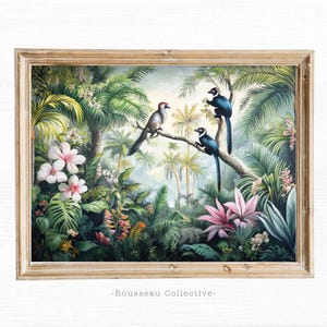 Henri Rousseau Inspired Tropical Rainforest Jungle Wall Art Print, Exotic Floral Poster, Palm Botanical Decor, Boho Maximalist Junglecore
