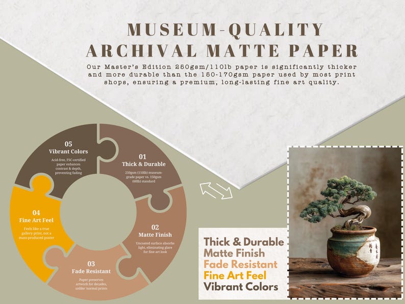 May include: Image promoting museum-quality archival matte paper. Features include thick and durable paper, a matte finish, fade resistance, fine art feel, and vibrant colours. A bonsai tree in a decorative pot is also shown.
