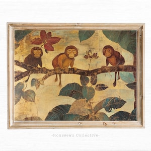 Indian Folk Art Monkey Print | Vintage Jungle Mural Painting | Playful Wildlife Wall Decor | Exotic Traditional Artwork for Boho Decor