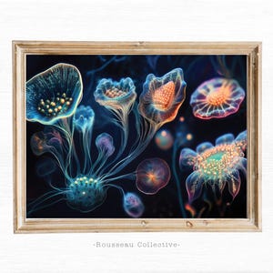 Bioluminescente kwallen onderwater Photo Art Print - Glow in the Dark mariene muurkunst geïnspireerd door Ernst Haeckel - abstract oceaandecor