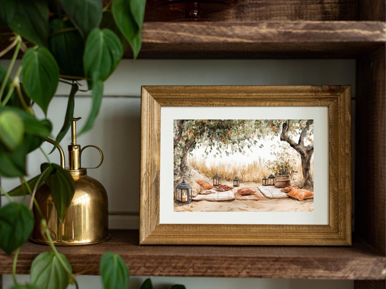 Boho Picnic Scene Photo Art Print Cozy Outdoor Decor With Lanterns