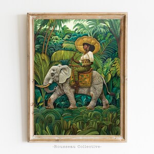 Stampa artistica di Jungle Woman White Elephant – Decorazione murale tropicale – Estetica della giungla boho – Illustrazione in stile vintage – Henri Rousseau