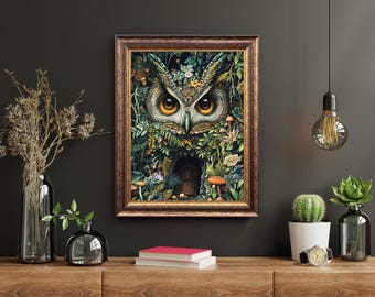 風変わりなフクロウのアートプリント | 花と森の植物画 - Etsy 日本